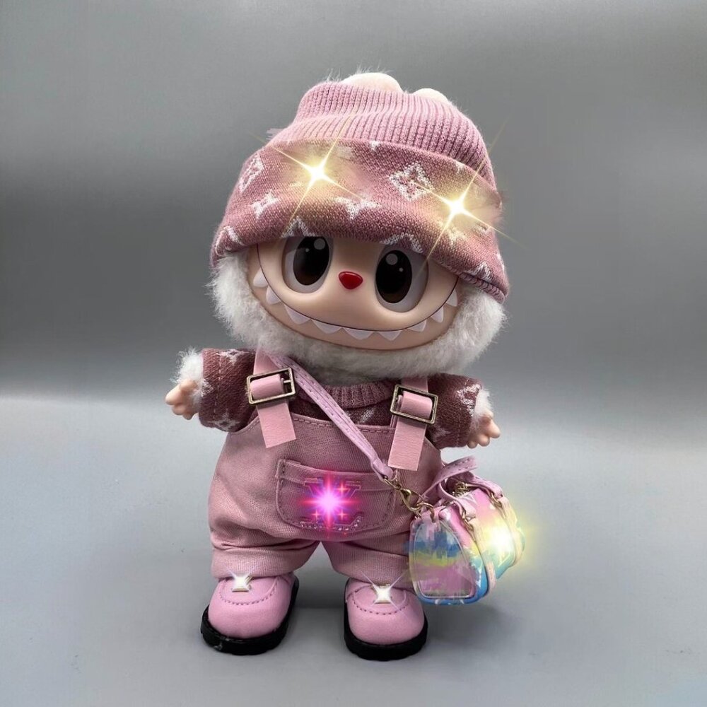 Pink 3 Pieces Overall With Shoes + Purse Fits For Labubu Doll